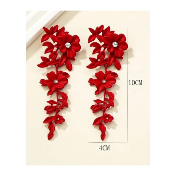 Red Rhinestone Flower Drop Earrings - Picture 3 of 3